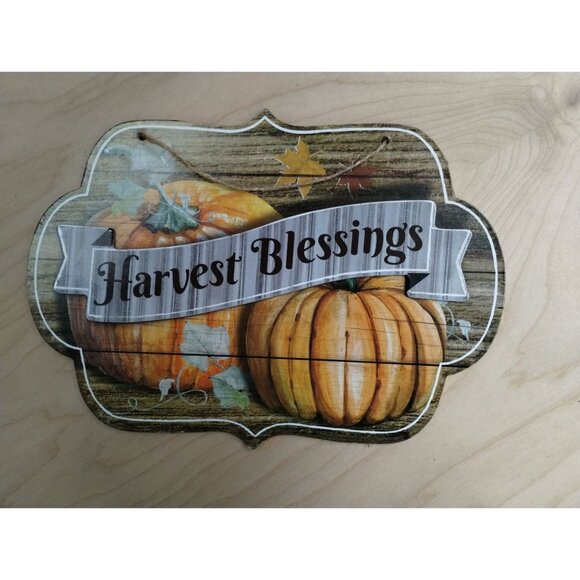 Harvest Blessings Pumpkin Rustic Fall Wooden Hanging Wall Sign Thanksgiving - Picture 4 of 6